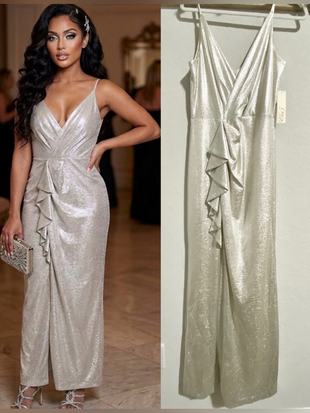 NWT Eliza J Silver Champagne Metallic Shimmer Waterfall Ruffle Evening Dress
